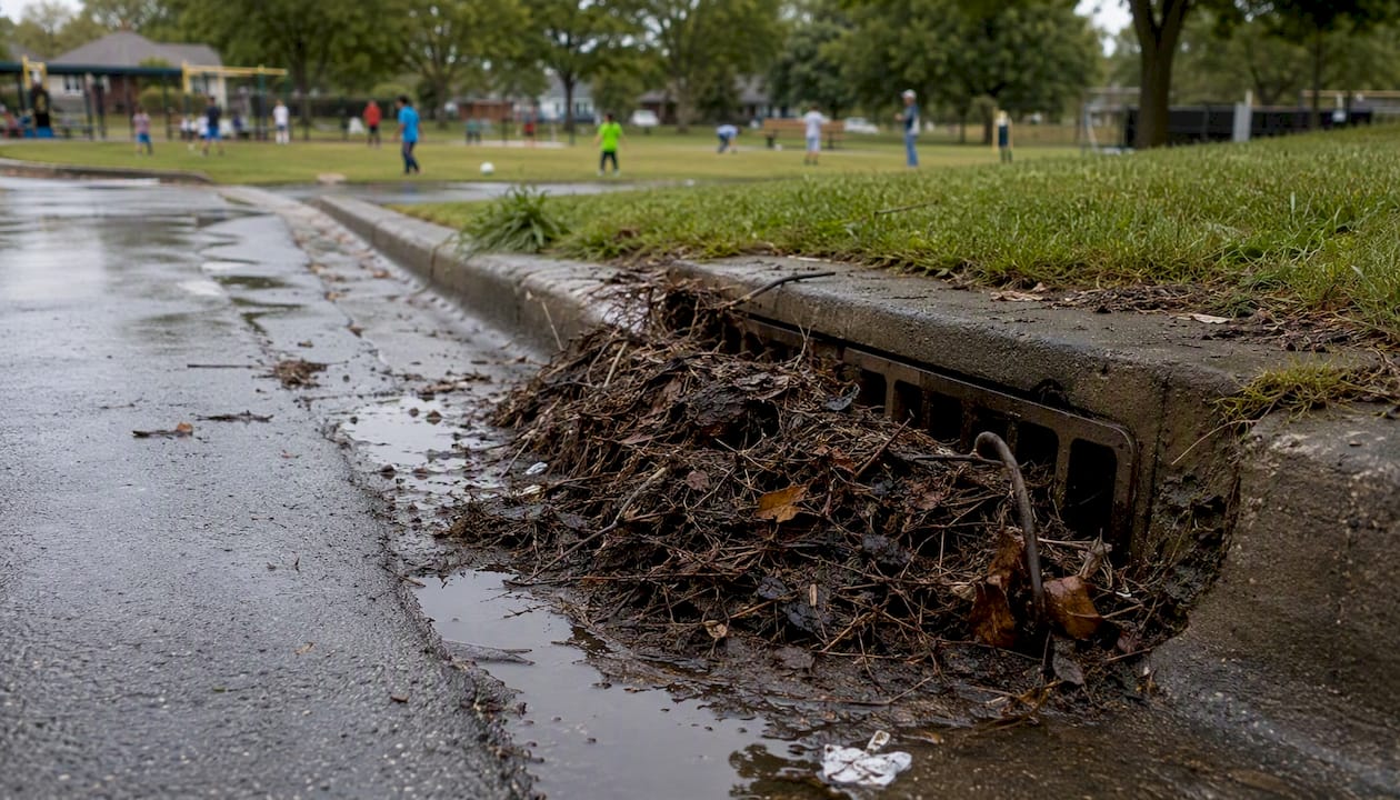 Clogged storm sewer grate in suburb street