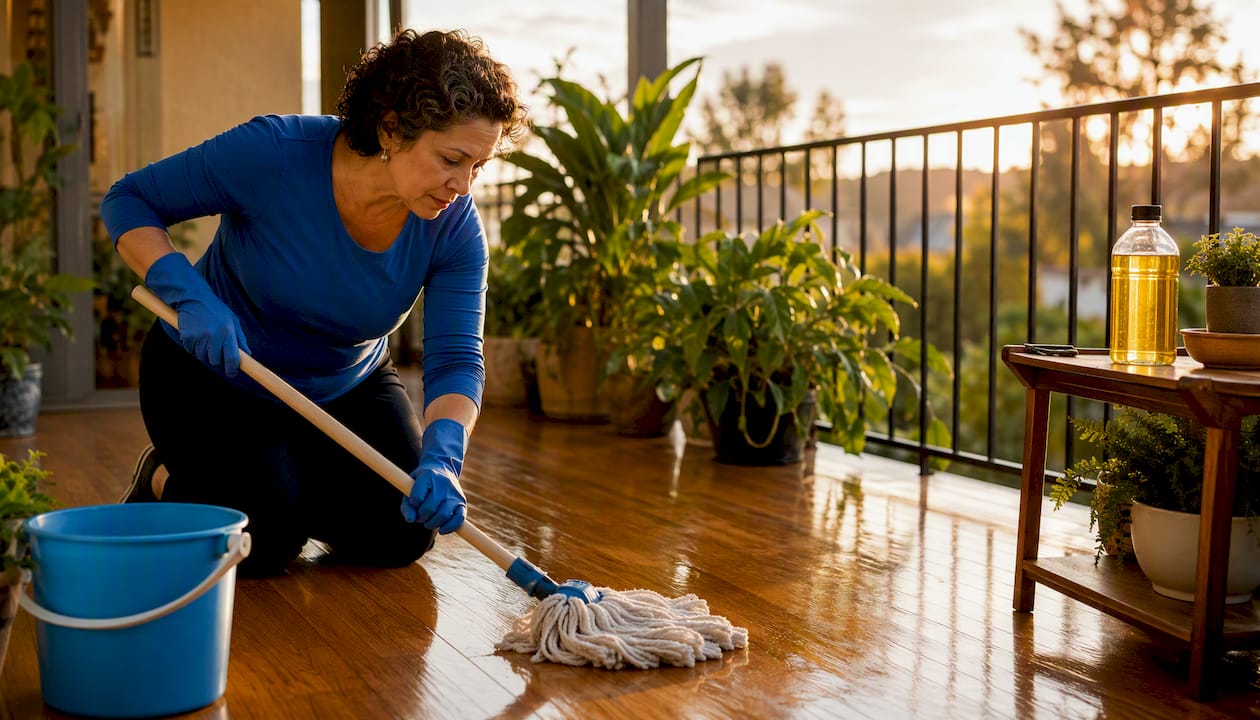 Woman mopping hardwood floor with oil soap
