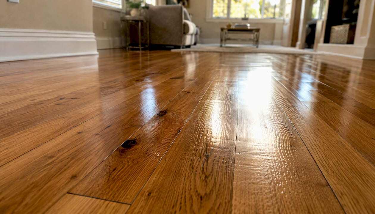Close-up of freshly refinished hardwood floor