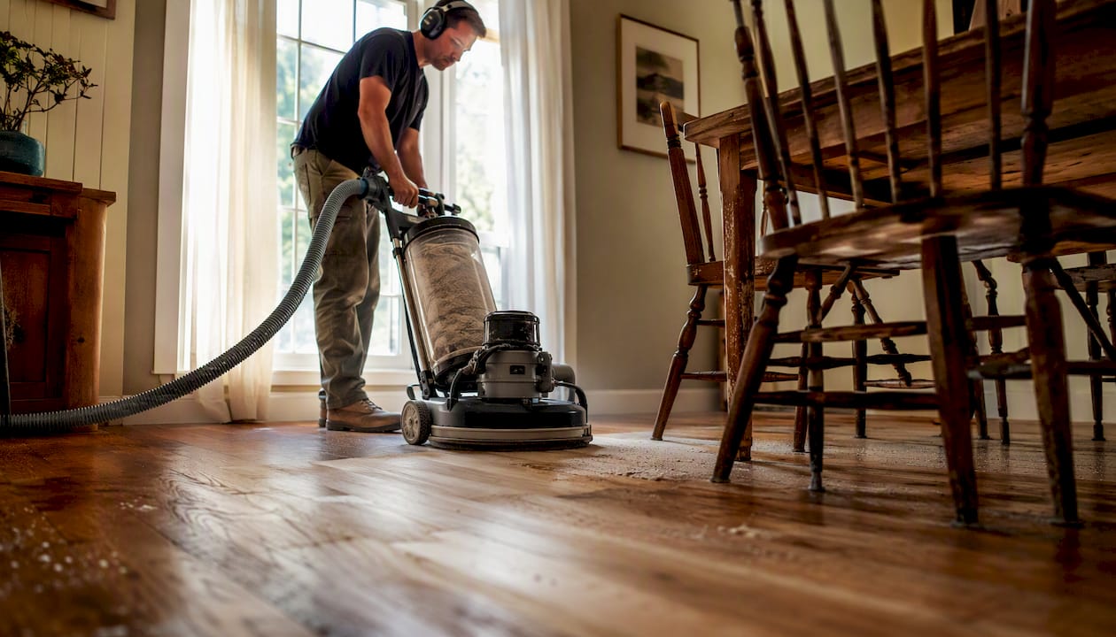 Worker sanding hardwood floor with dustless sander