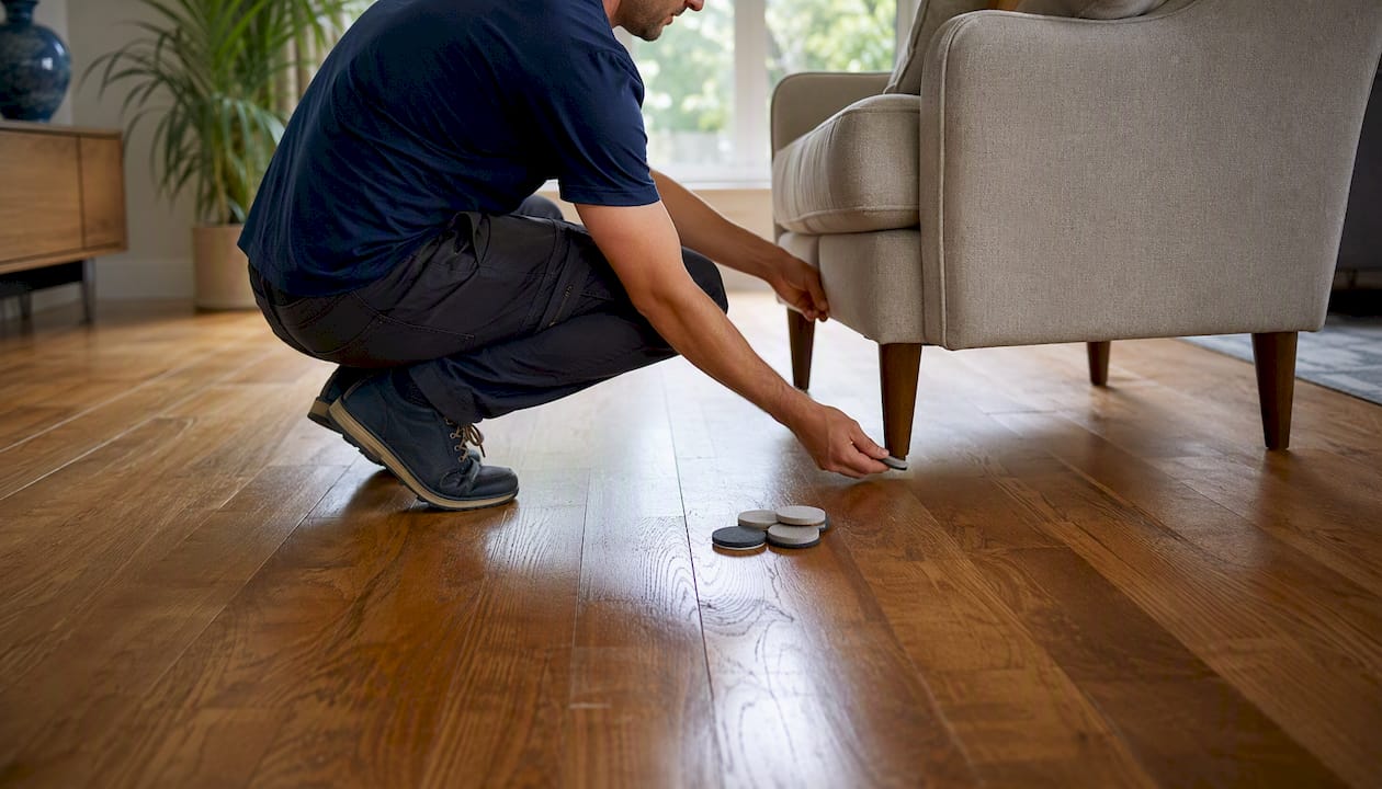 Crew preparing room for hardwood floor restoration