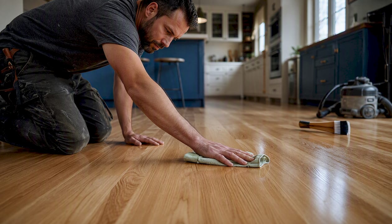 Hands testing dry hardwood floor surface