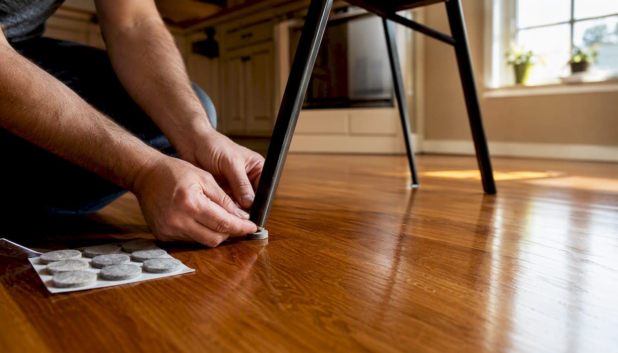 Hands adding felt pads on furniture legs