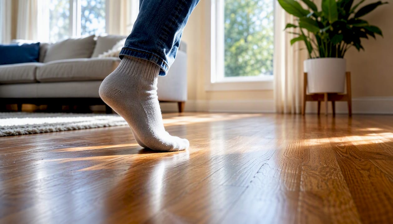 Person walking on hardwood floor in socks