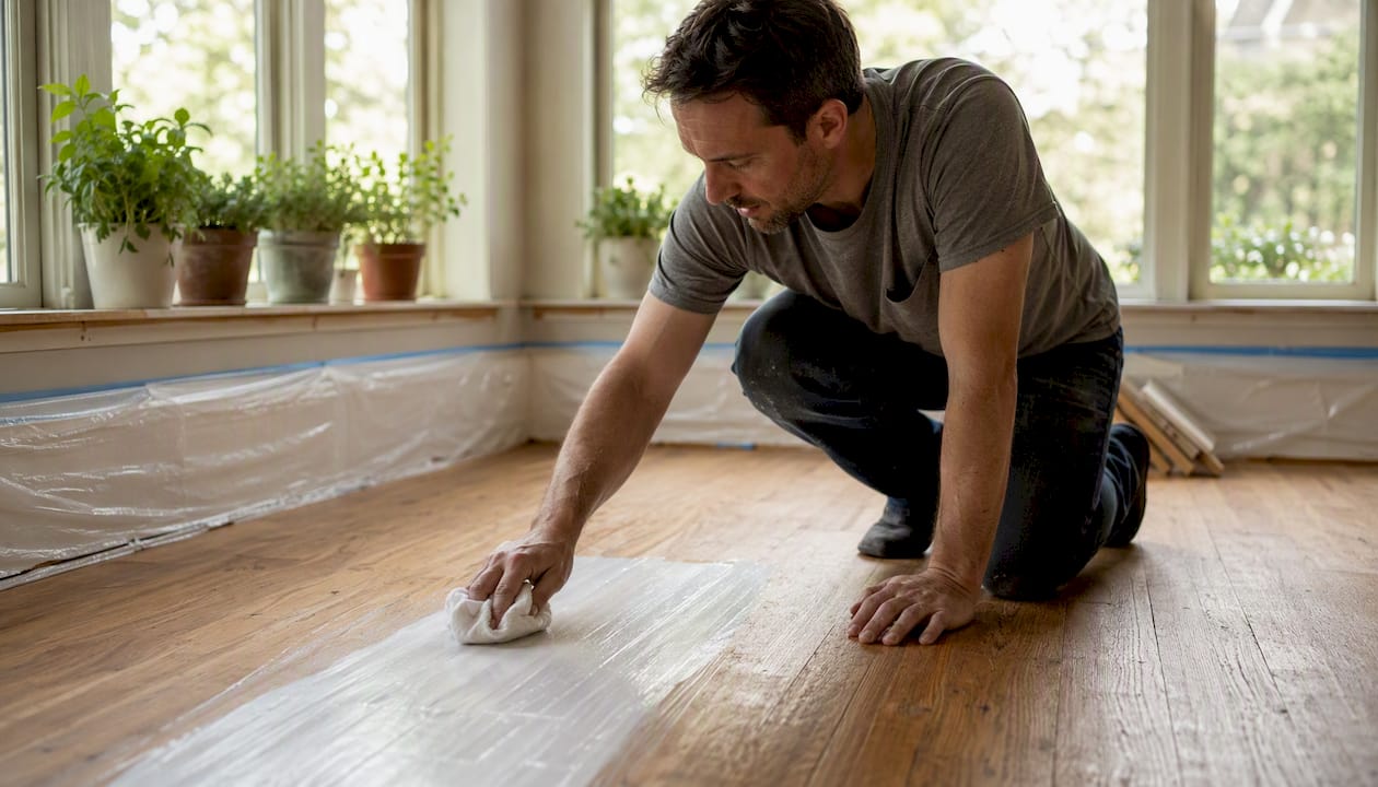 Hands applying whitewash on hardwood floor