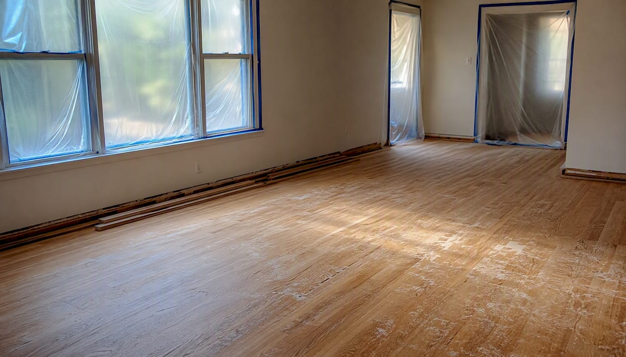 Room prepped with plastic sheeting and cleared floor
