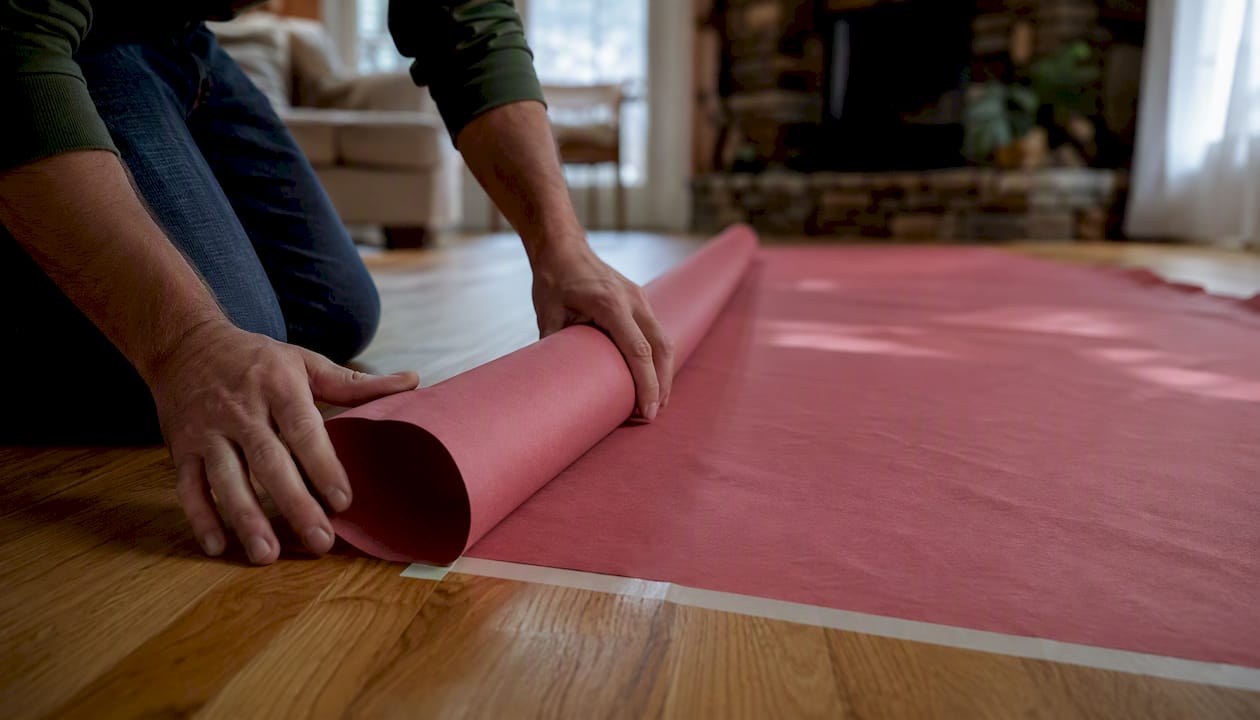 Rolling out red rosin paper on hardwood floor