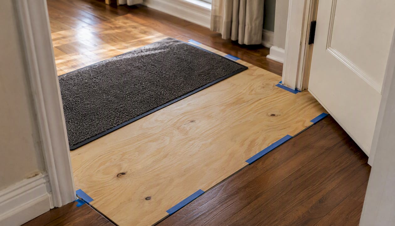 Plywood panel over doorway threshold protecting hardwood floor
