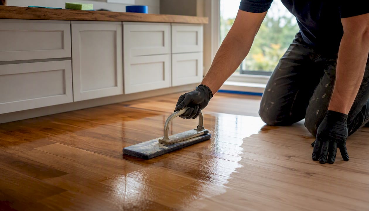 Hands spreading fast drying finish on hardwood floor