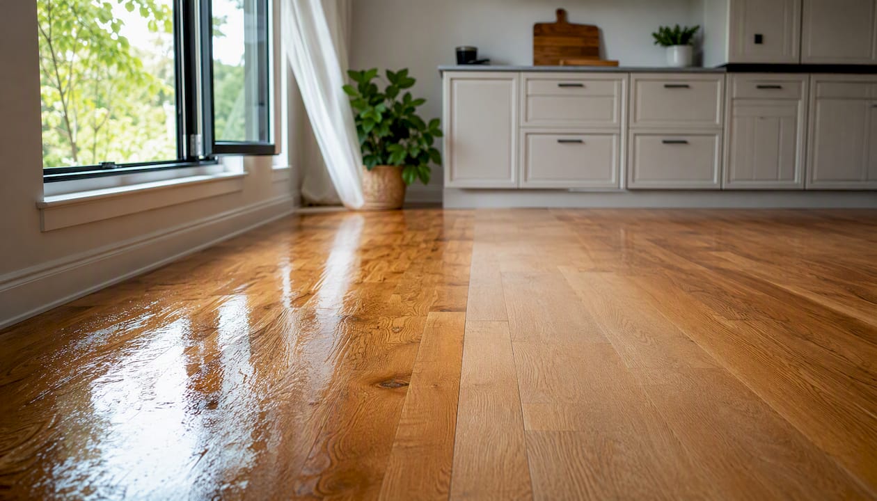 Hardwood floor sections showing finish drying stages