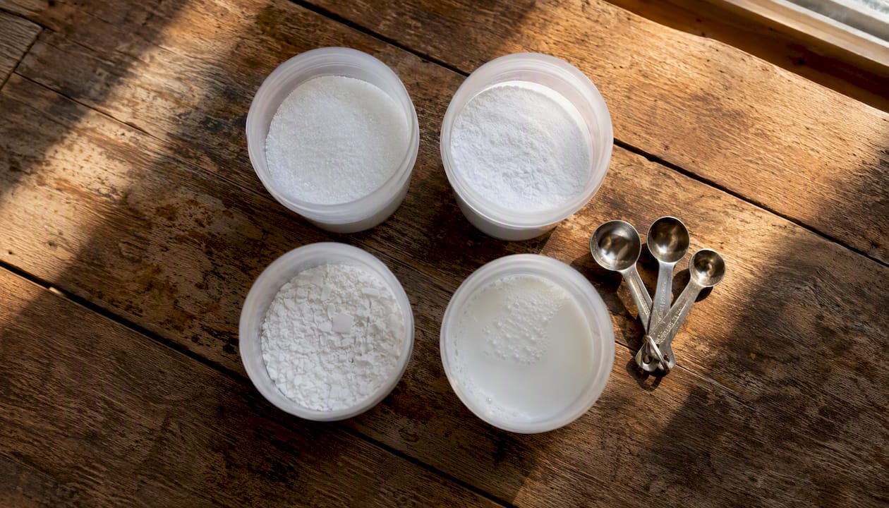 Containers of different bleach types on wood surface