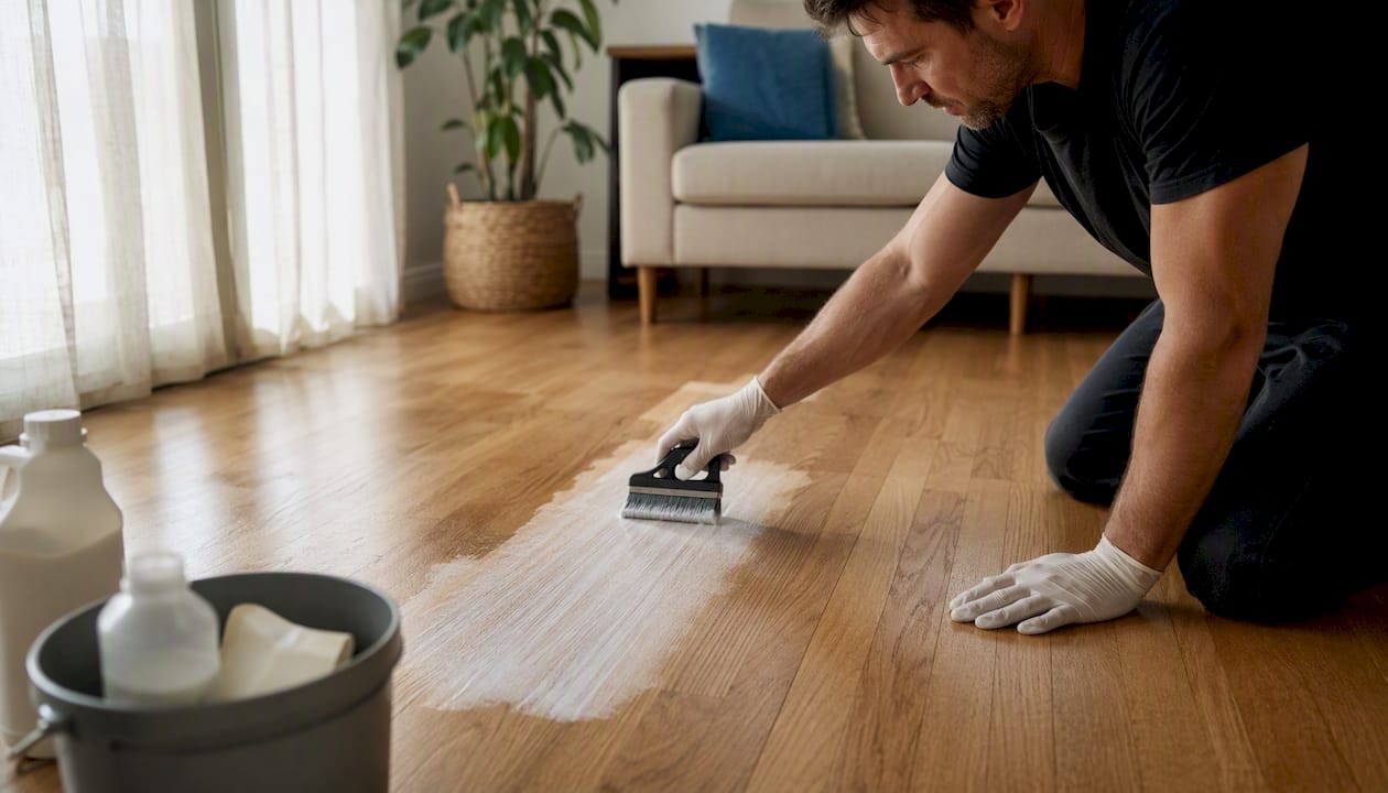 Hands applying bleach solution on hardwood floor spot