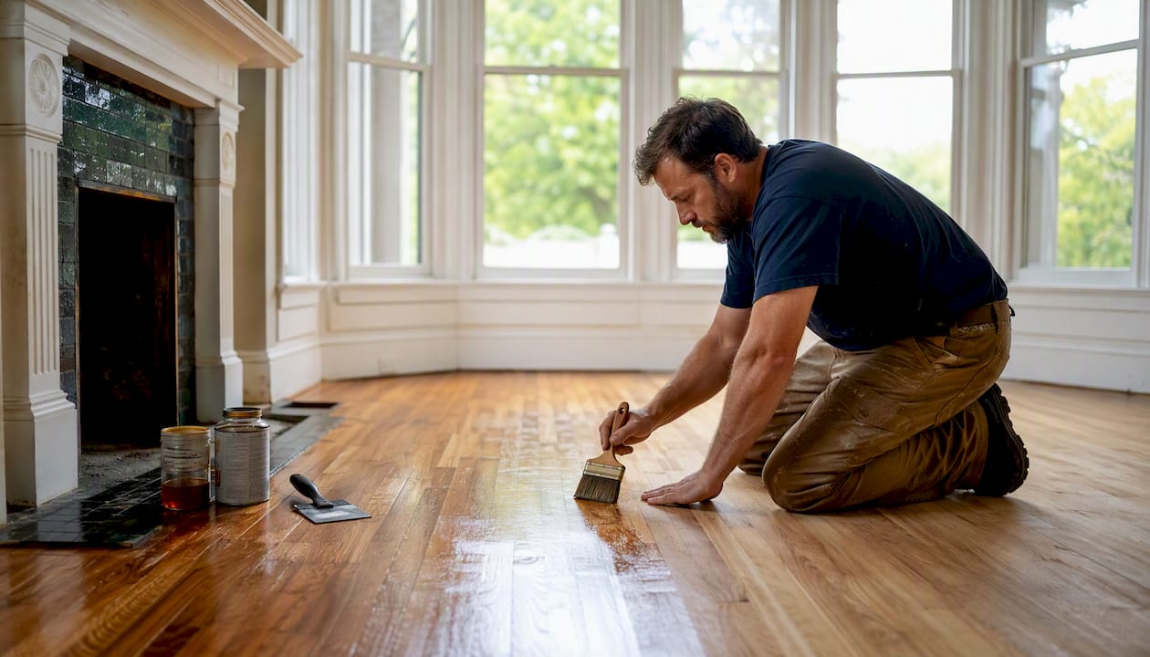 Professional applying shellac to historic hardwood floor