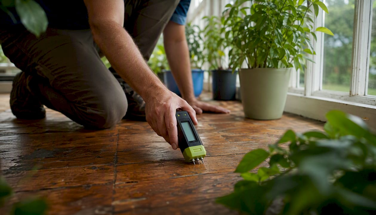 Moisture meter on hardwood floor surface
