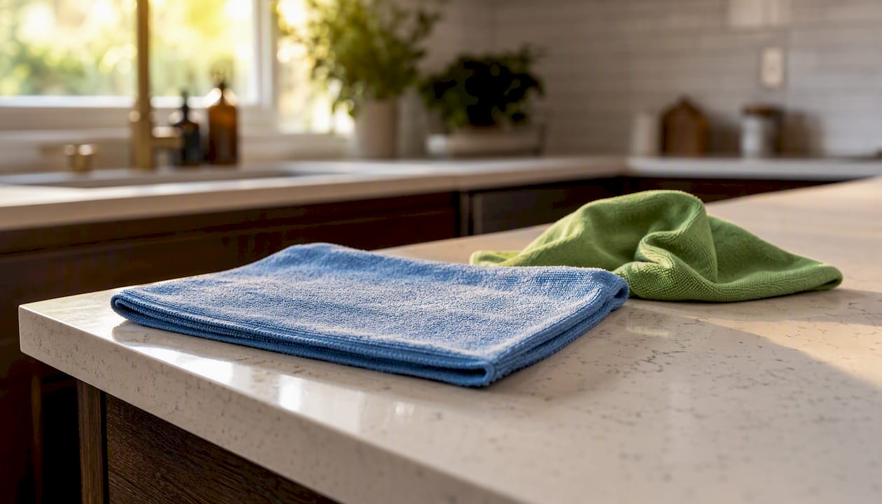 Dedicated microfiber cloth near quartz countertop