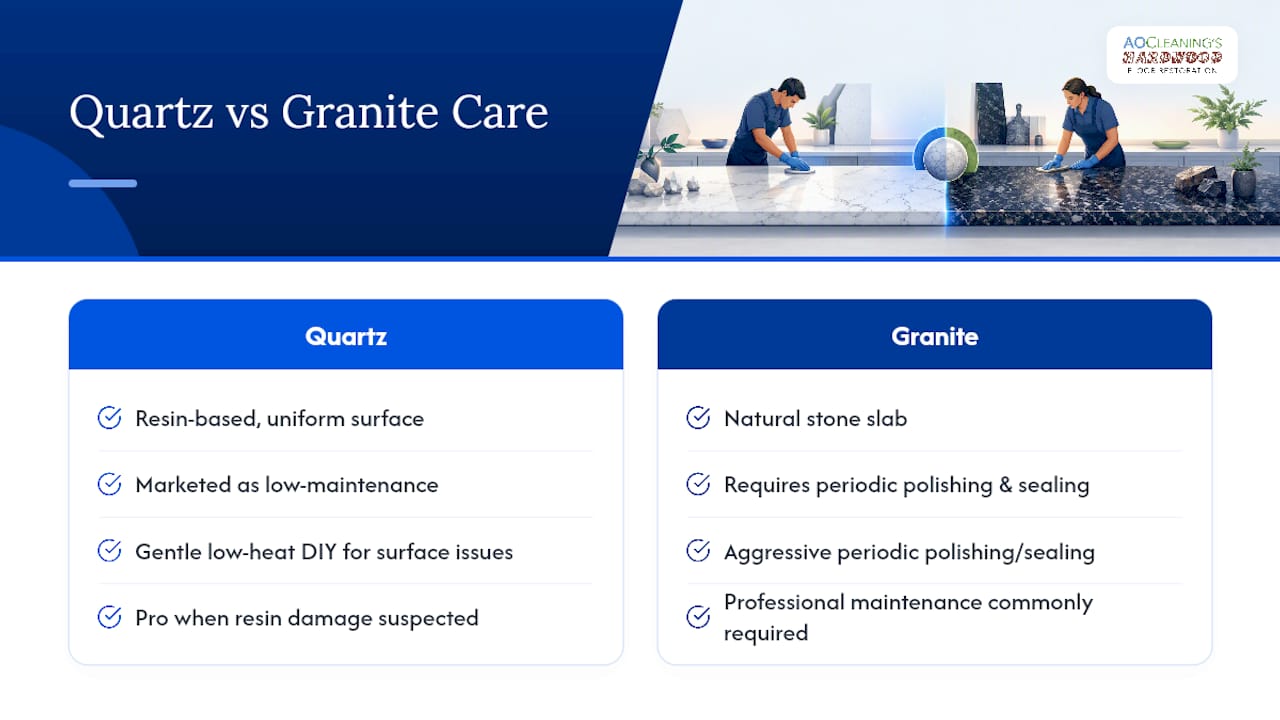 Diagram comparing quartz and granite polishing care
