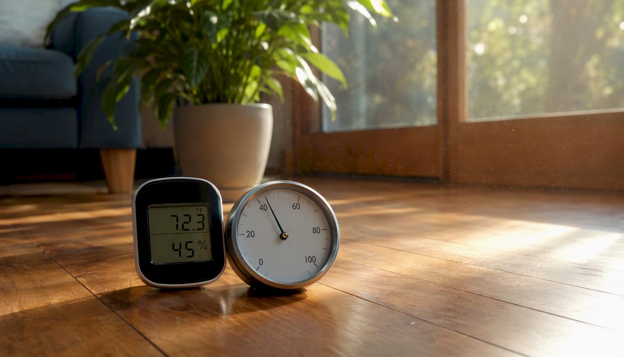 Temperature and humidity gauges on hardwood floor