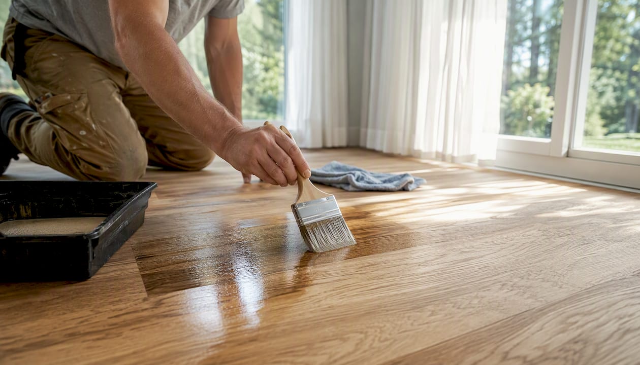 Hands applying polyurethane on hardwood floor