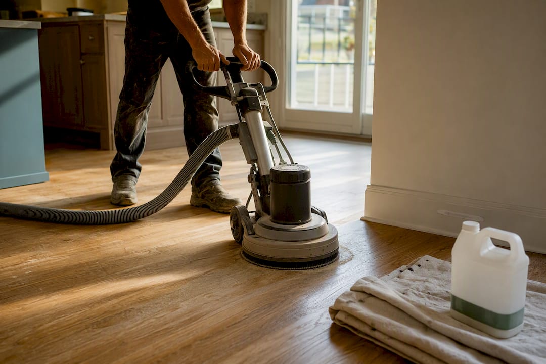 Hands sanding hardwood floor with dustless sander