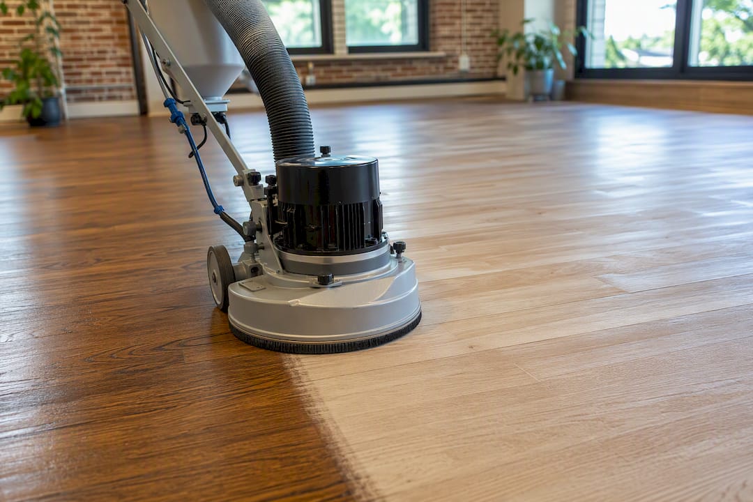 Dustless hardwood floor sander in urban living room