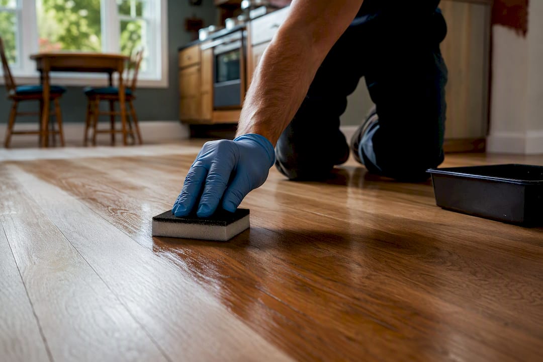 Hands applying water-based floor finish
