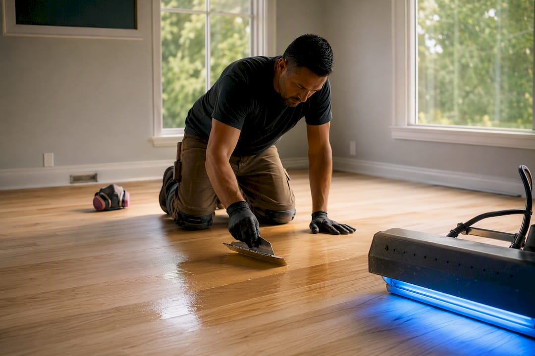 Technician applying UV finish on hardwood floor