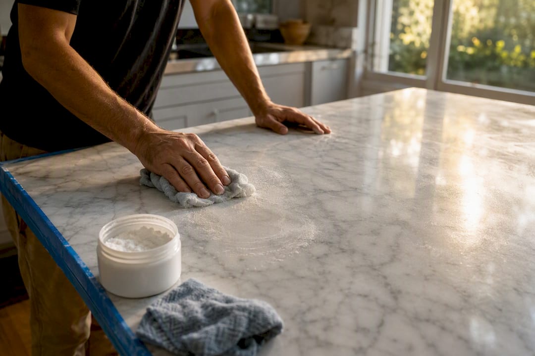 Hands polishing marble countertop