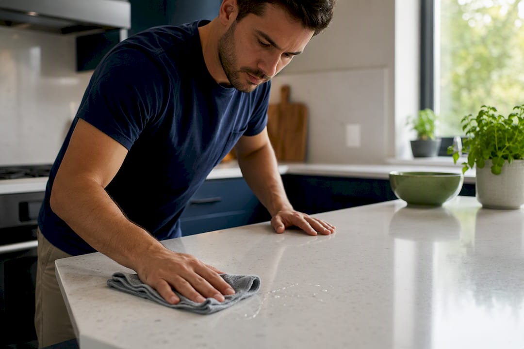 Hands buffing quartz countertop with cloth