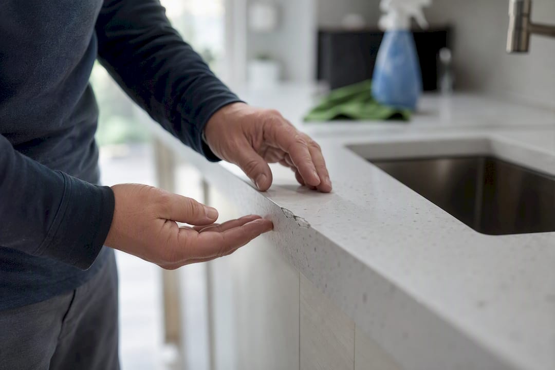 Technician inspecting quartz countertop damage