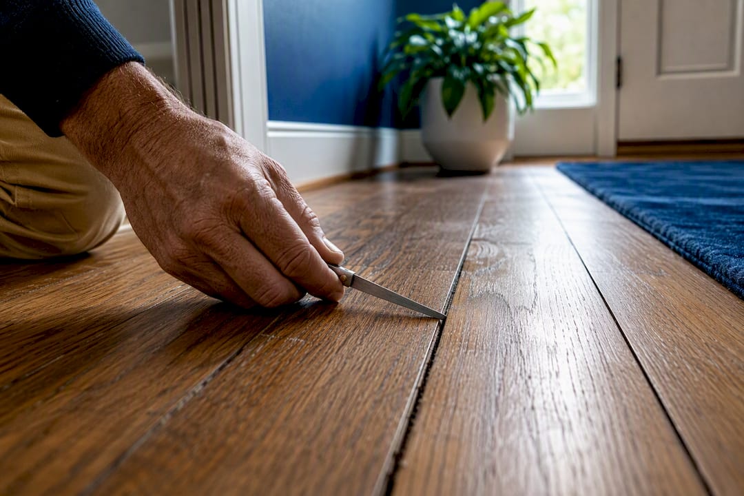Professional measuring gap between hardwood boards