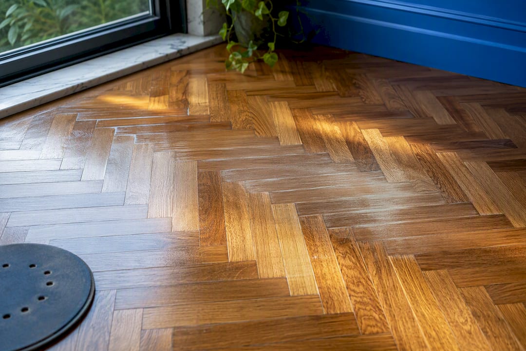 Directional sanding marks across parquet blocks