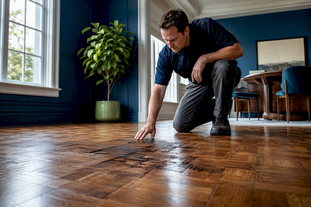 Professional inspecting damaged parquet flooring