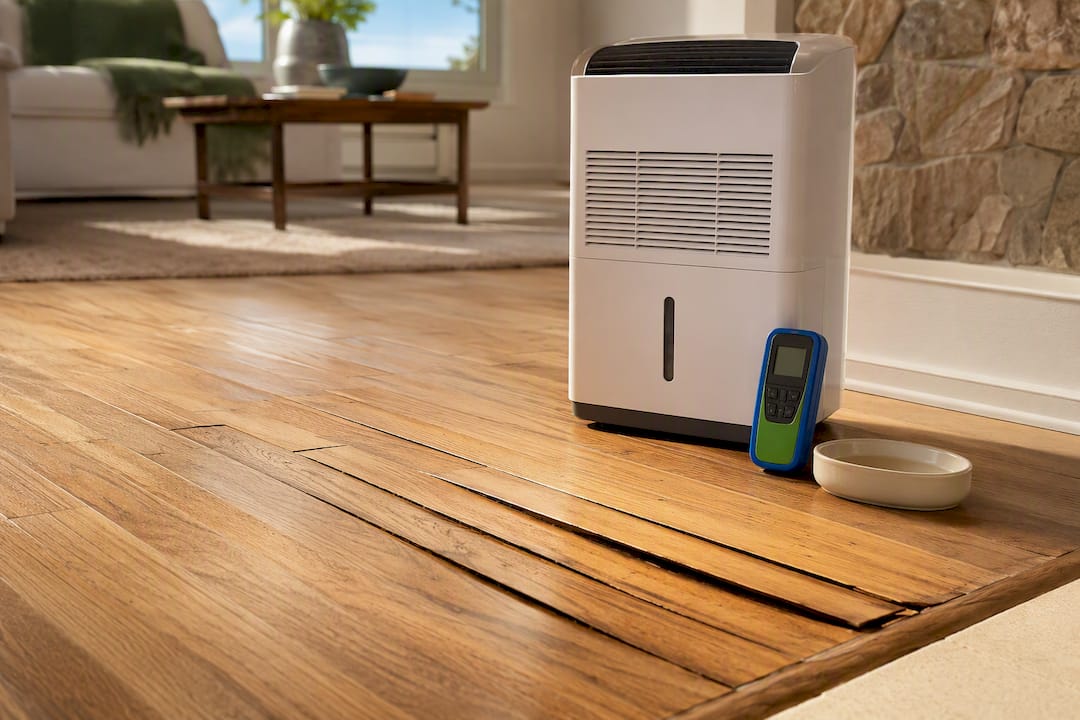 Dehumidifier beside cupped hardwood flooring