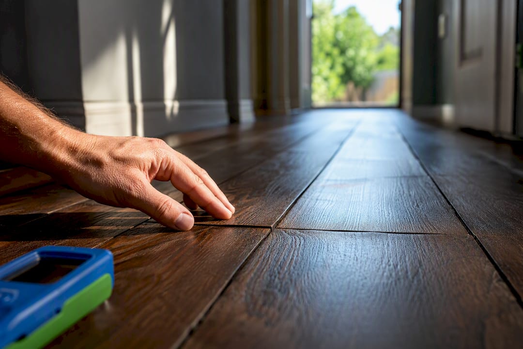 Hand examining cupped hardwood floor boards