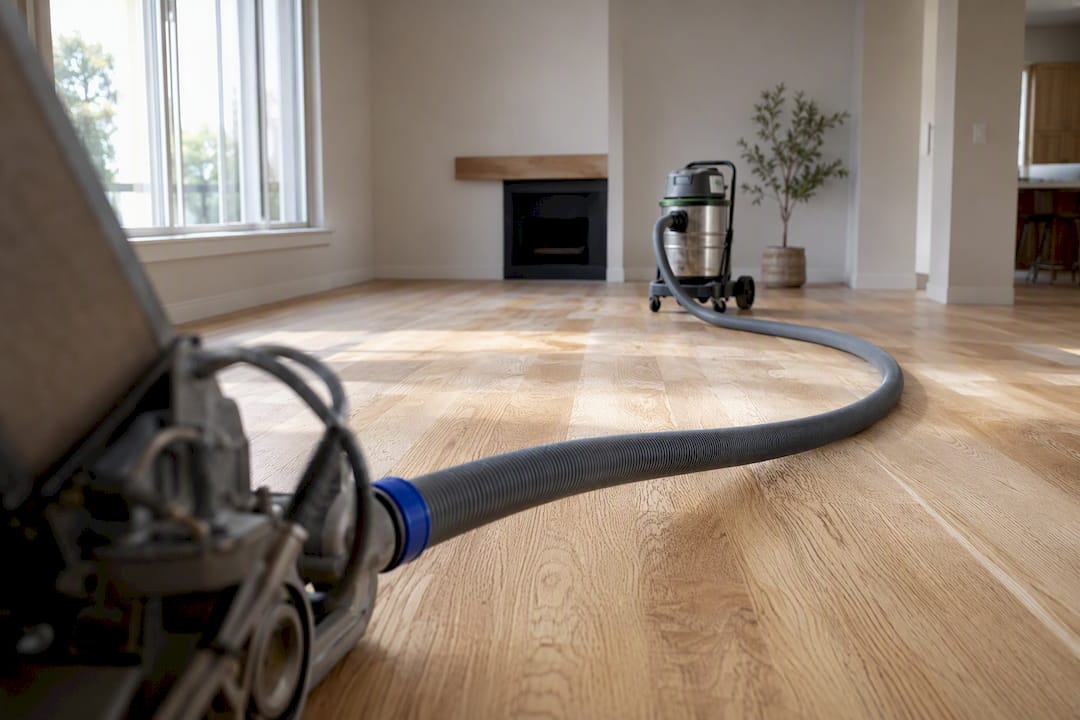 HEPA vacuum hose capturing sanding dust