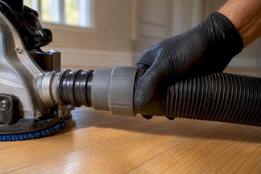 Close-up of edger dust hose connection