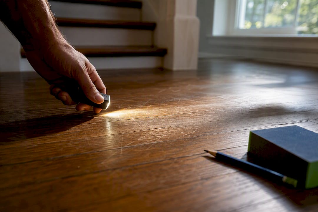 Raking light revealing floor sanding scratches