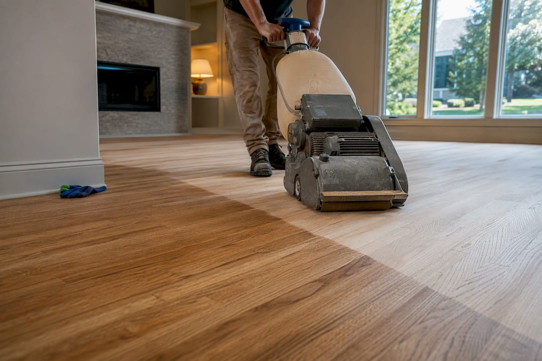 Drum sander crossing unfinished hardwood floor