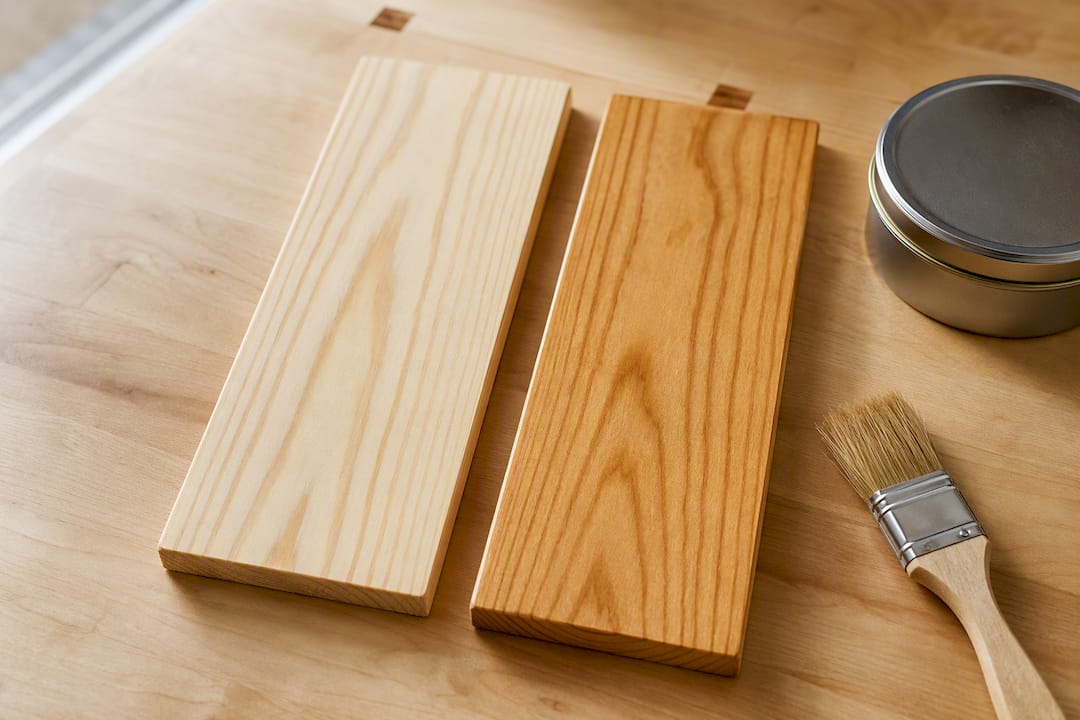 Pine boards showing clear sealer and stain