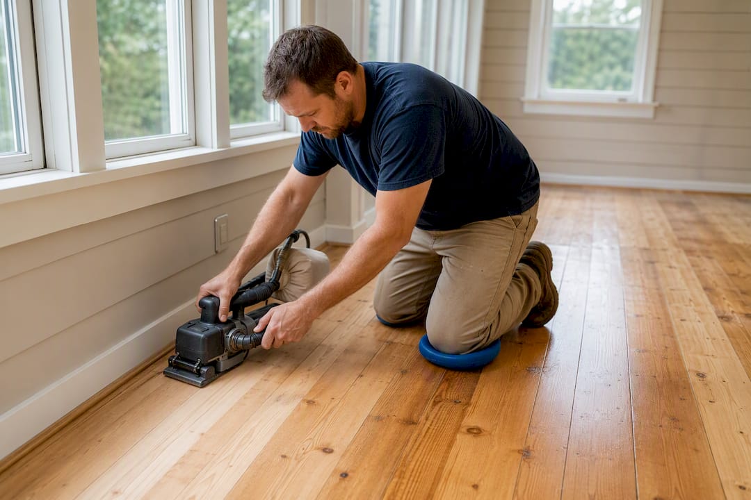 Professional sanding natural pine floorboards