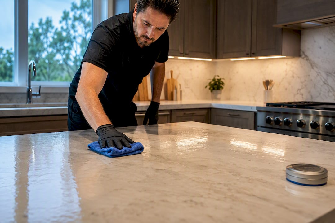 Technician wiping sealer from stone countertop