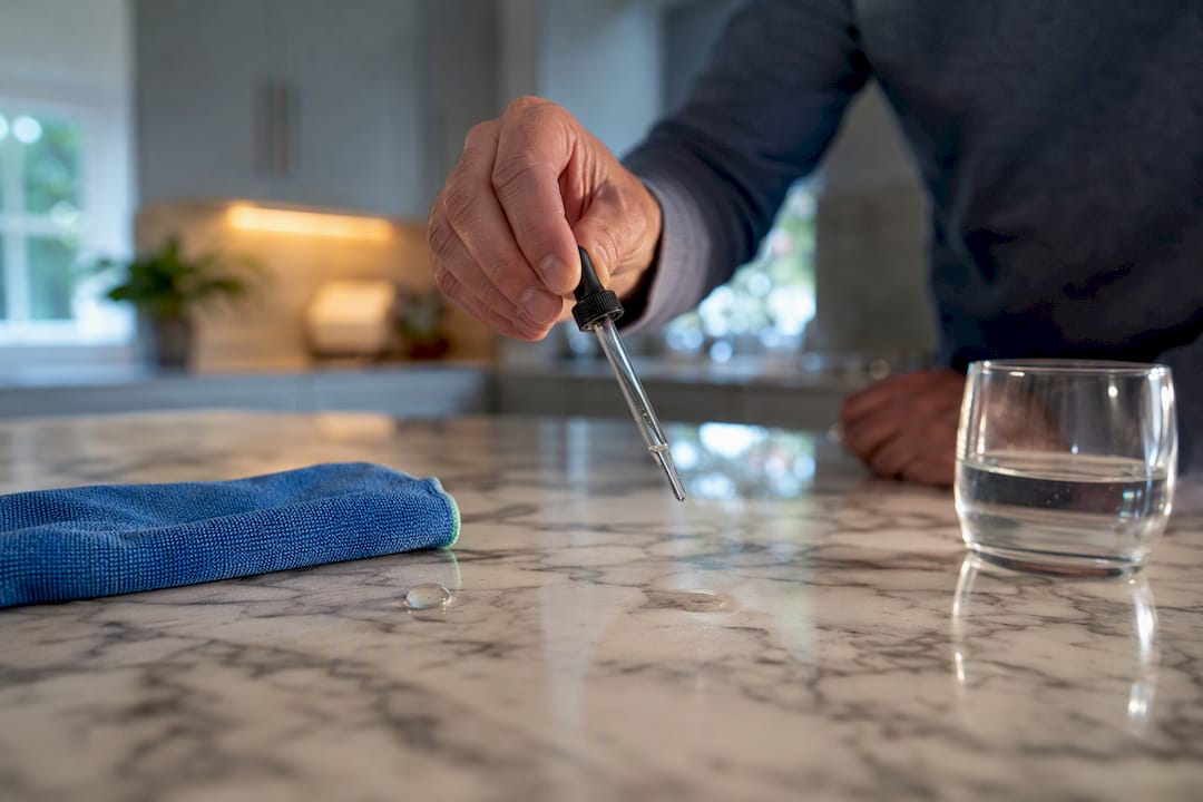 Water drop test on marble countertop