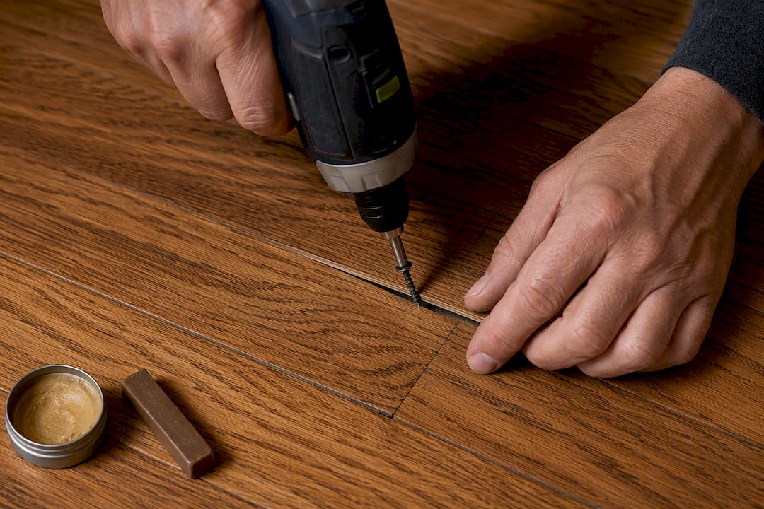 Trim screw securing a lifted hardwood plank