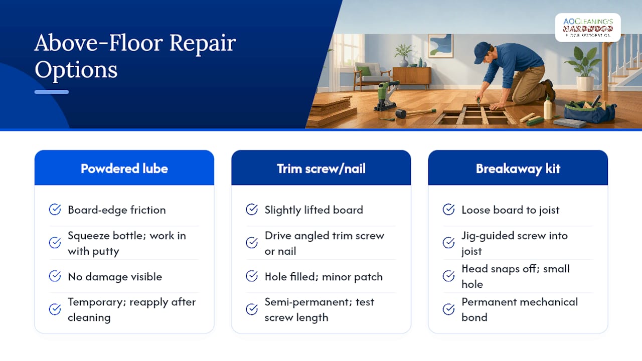 Three hardwood floor squeak repair methods