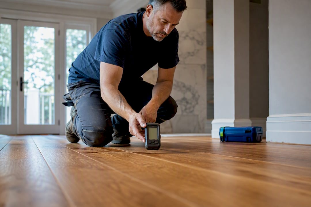 Technician measuring humidity beside hardwood floor