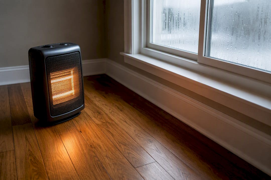 Space heater near condensation in hardwood room