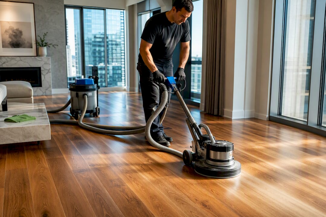 Technician refinishing hardwood floor in condo