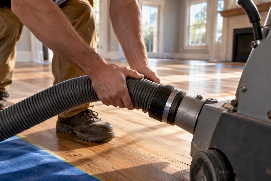 Dust extraction hose connected for floor sanding