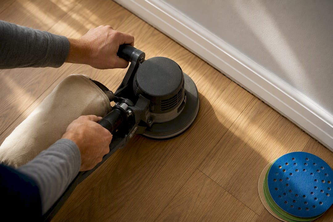 DIY sander approaching engineered floor edge