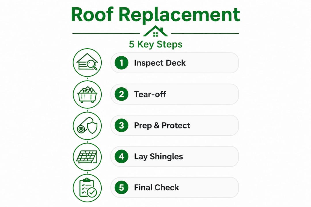 Infographic showing five main steps of roof replacement